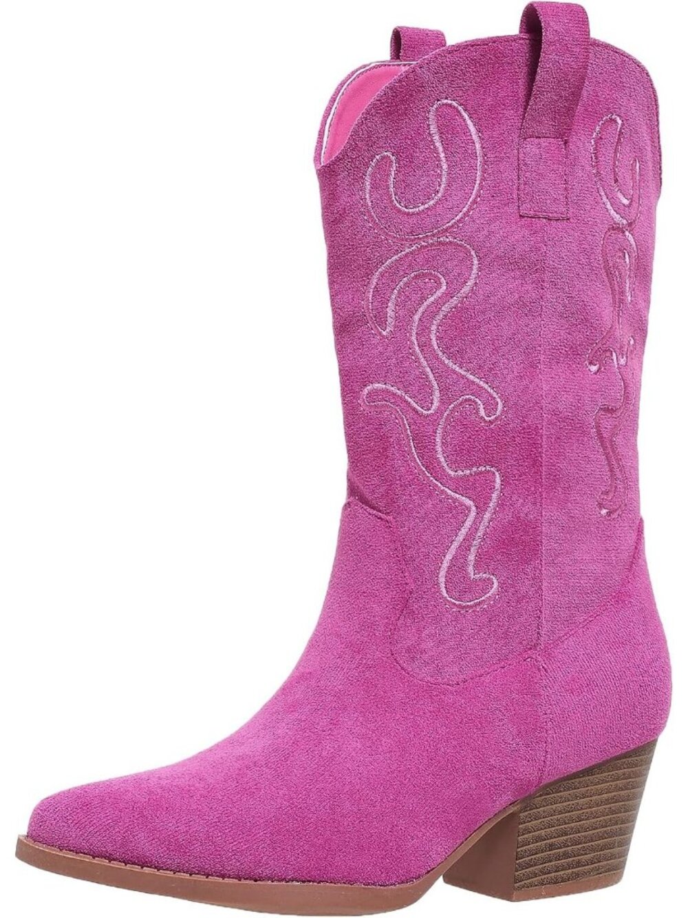 Women's Pink Western-Inspired Chunky Heel Mid Calf Embroidered Cowgirl Boots